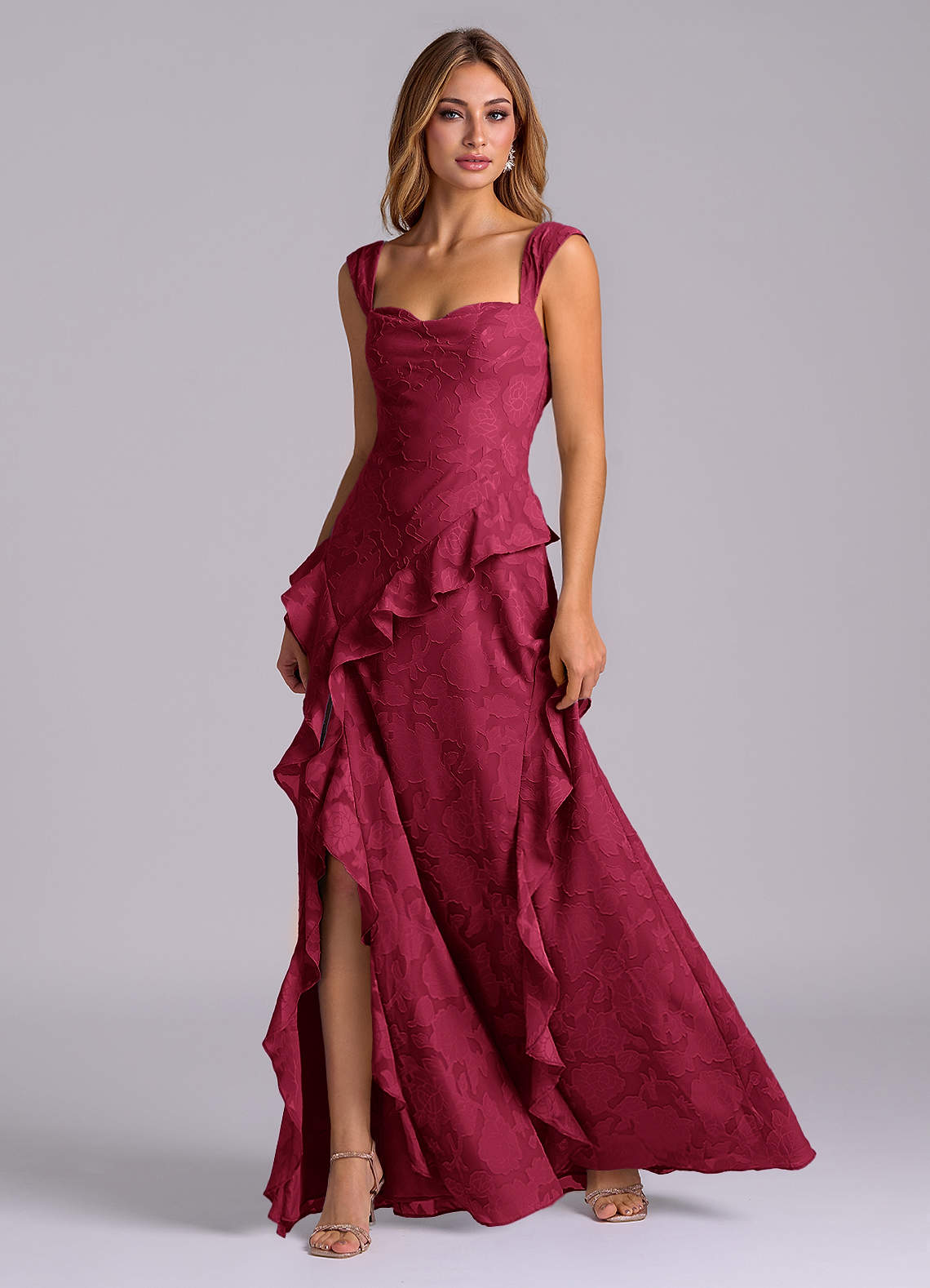 Azazie Sloane Bridesmaid Dresses Burgundy A-Line Sweetheart Neckline Floral Burnout Dress image2
