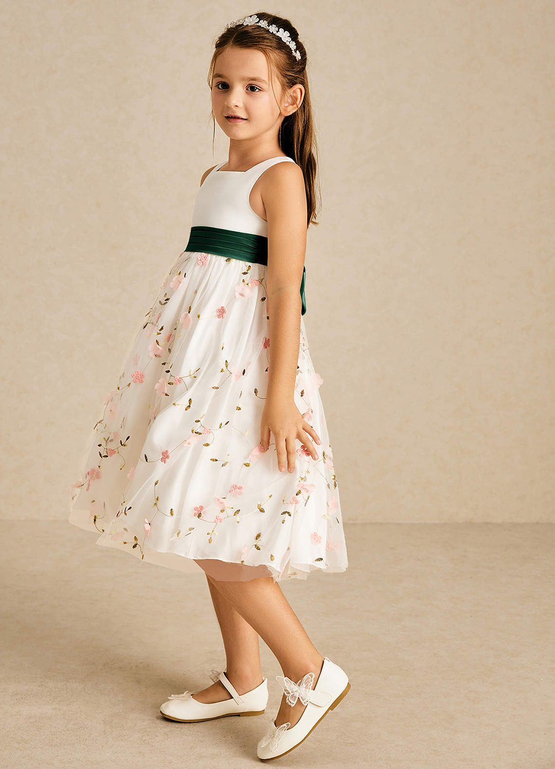 Azazie Pollie Flower Girl Dresses Blushing Pink Dark Green A-Line Bow Tulle Dress image4
