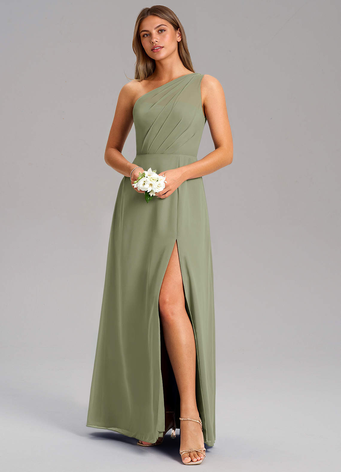 Azazie Phaedra Vestidos de madrinha de casamento Vestido Pistache de Chiffon de Linha A com Um ombro image3