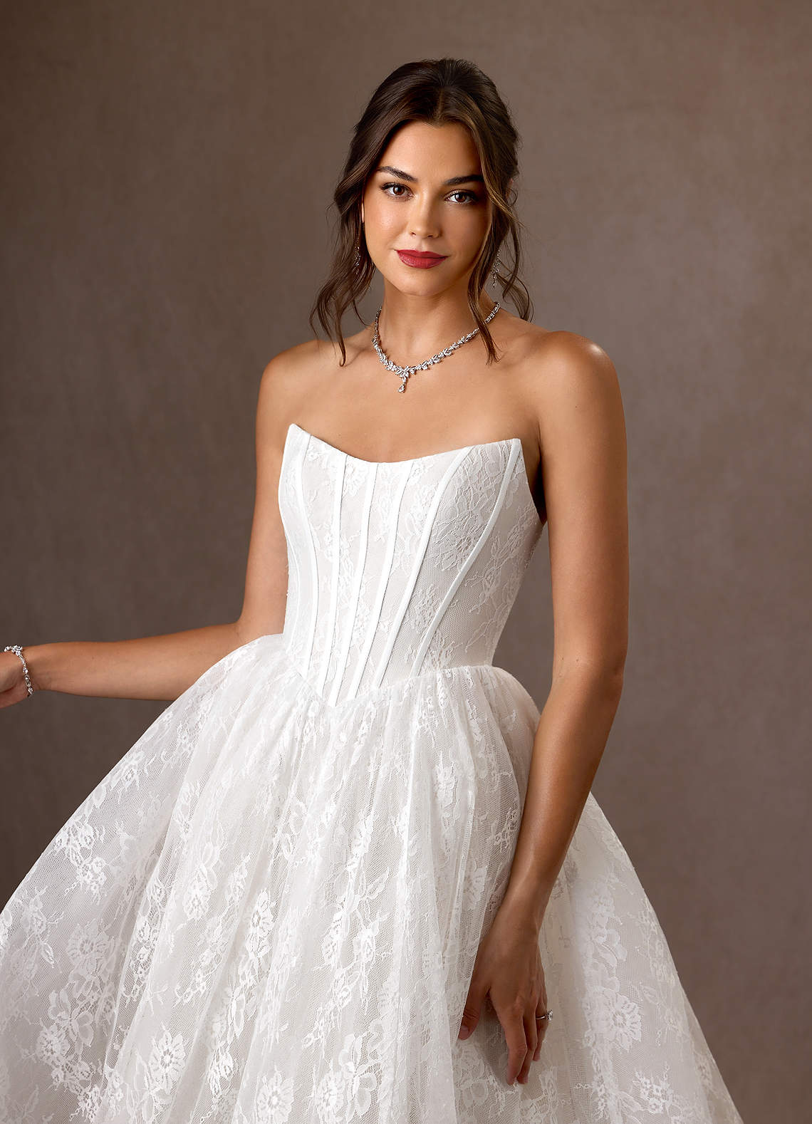 Azazie Demetria Wedding Dresses Diamond White Ball-Gown Strapless Lace Dress image5