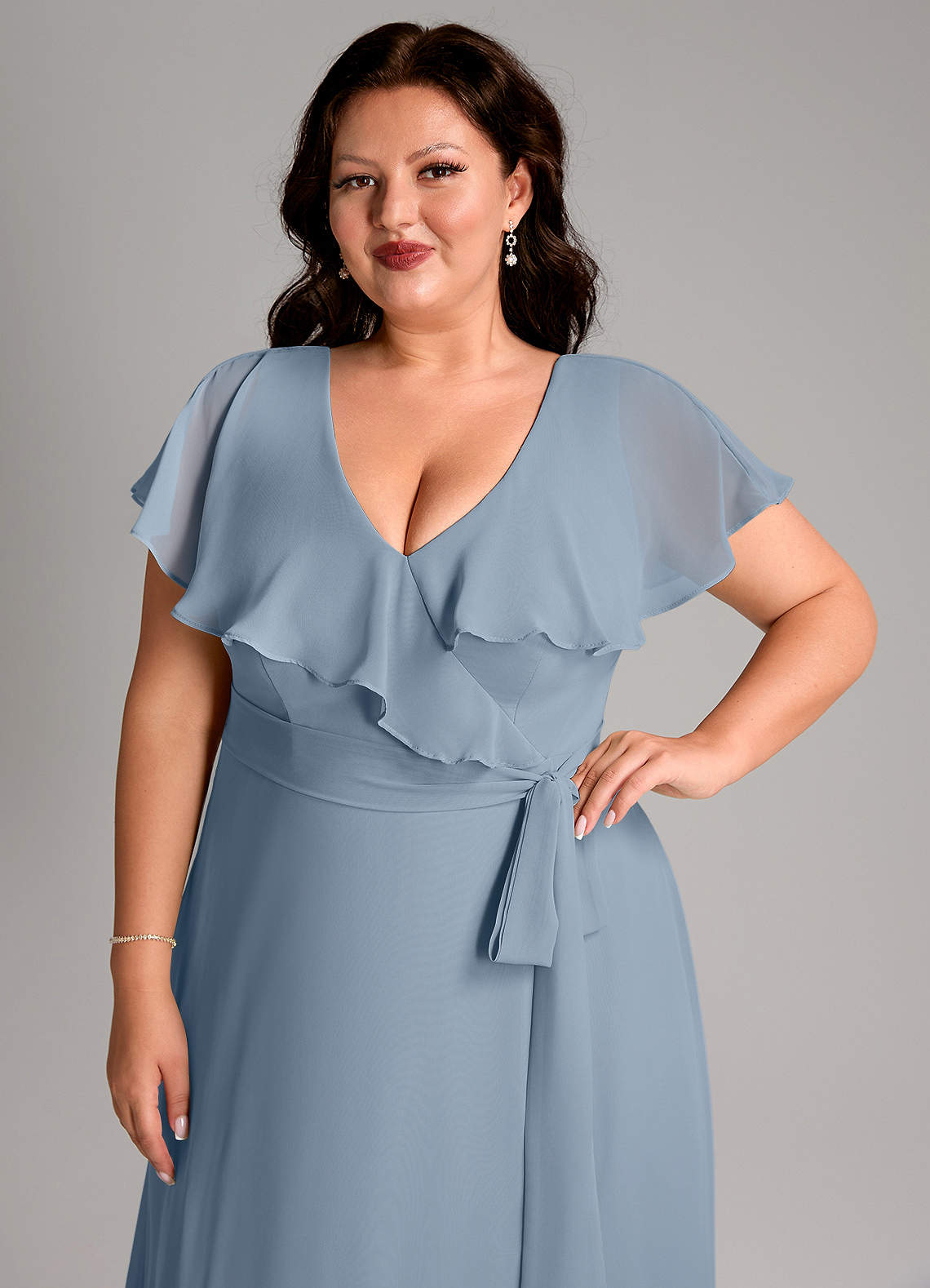 Azazie Lainey At-home Try On Dresses Dusty Blue A-Line with Pockets Chiffon Dress image12
