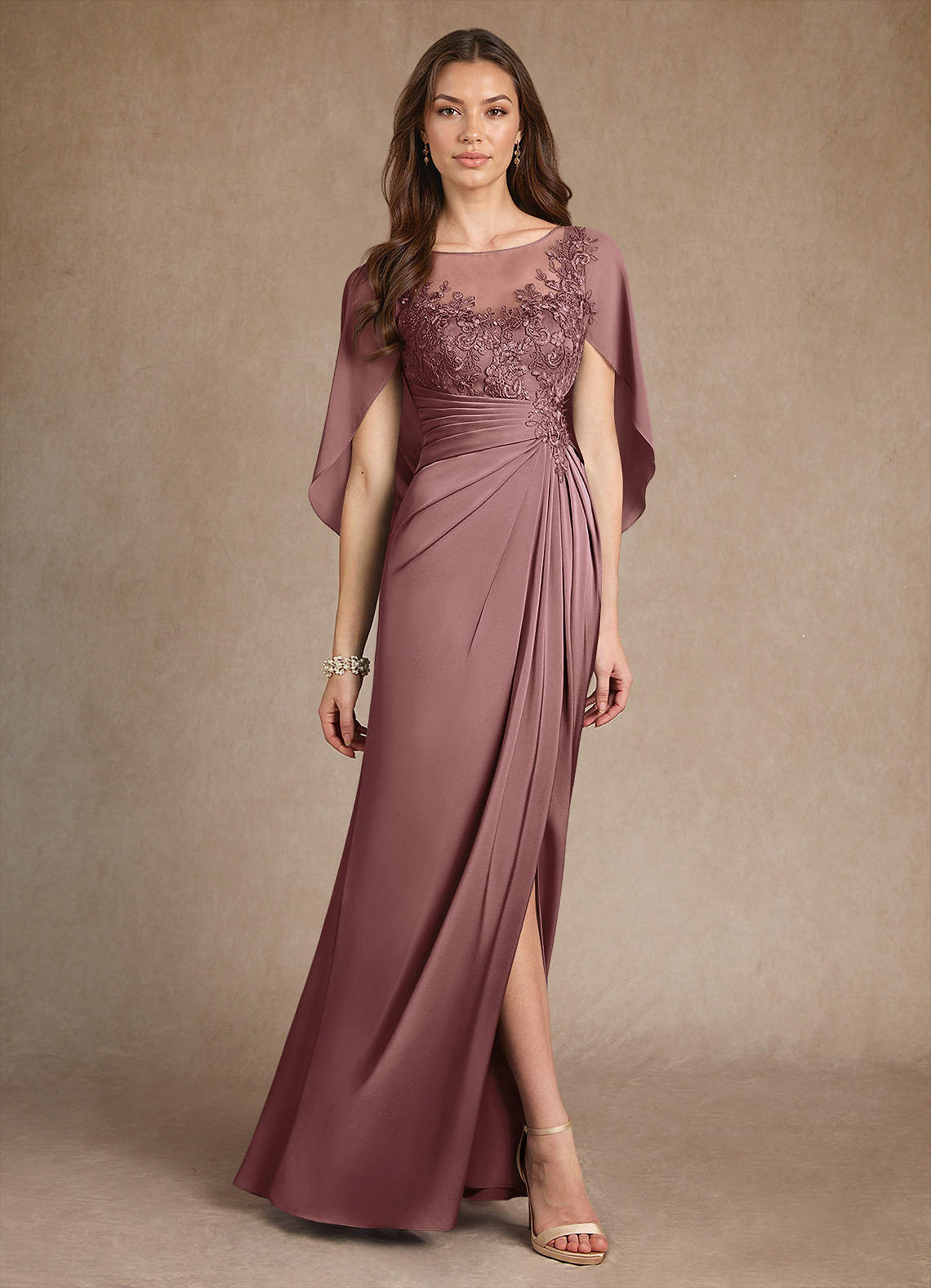 Azazie Hera Mother of the Bride Dresses Vintage Mauve A-Line Lace Stretch Satin Dress image3
