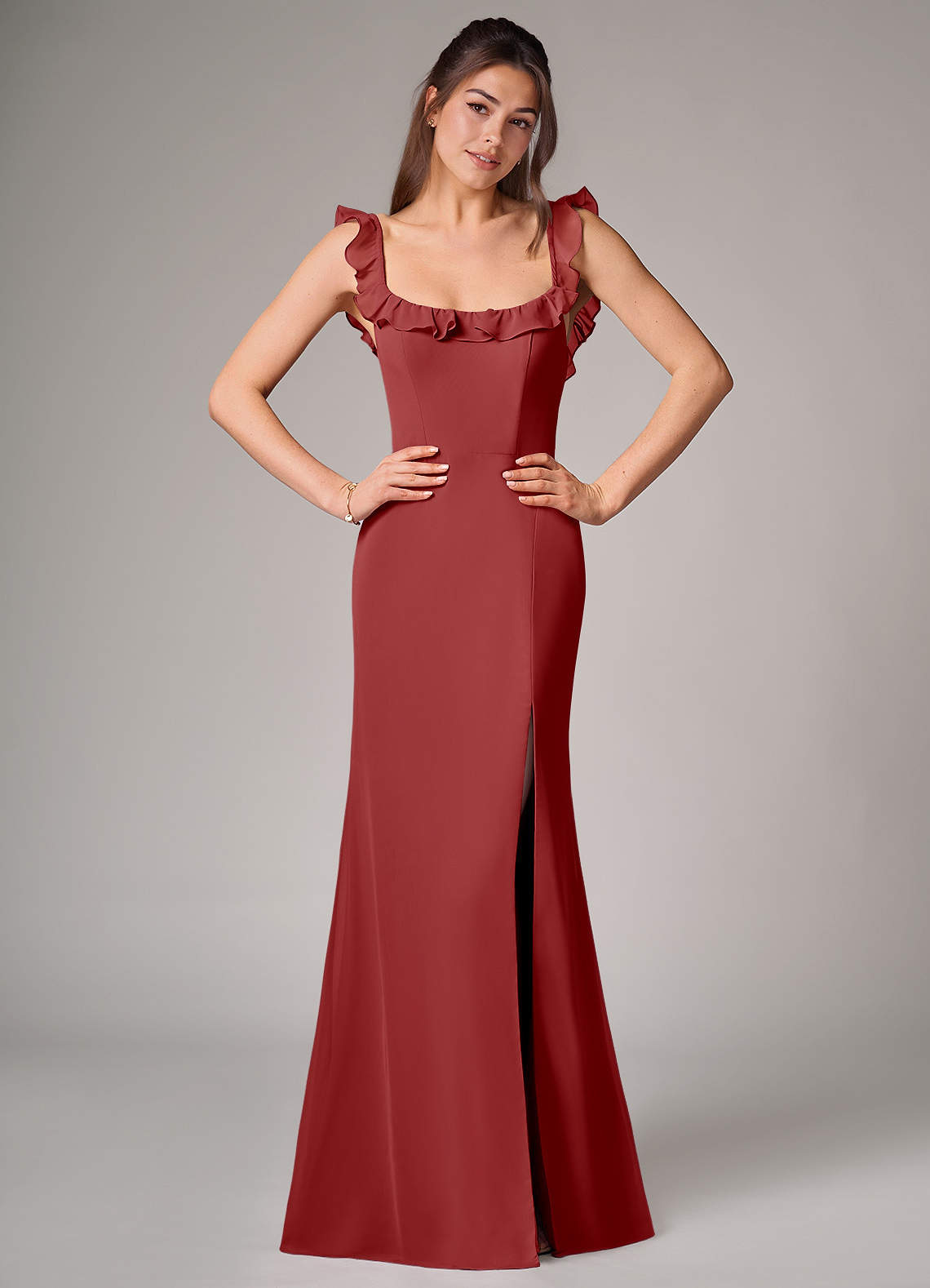 Azazie Callie Bridesmaid Dresses Rust Mermaid Side Slit Chiffon Convertible Dress image1