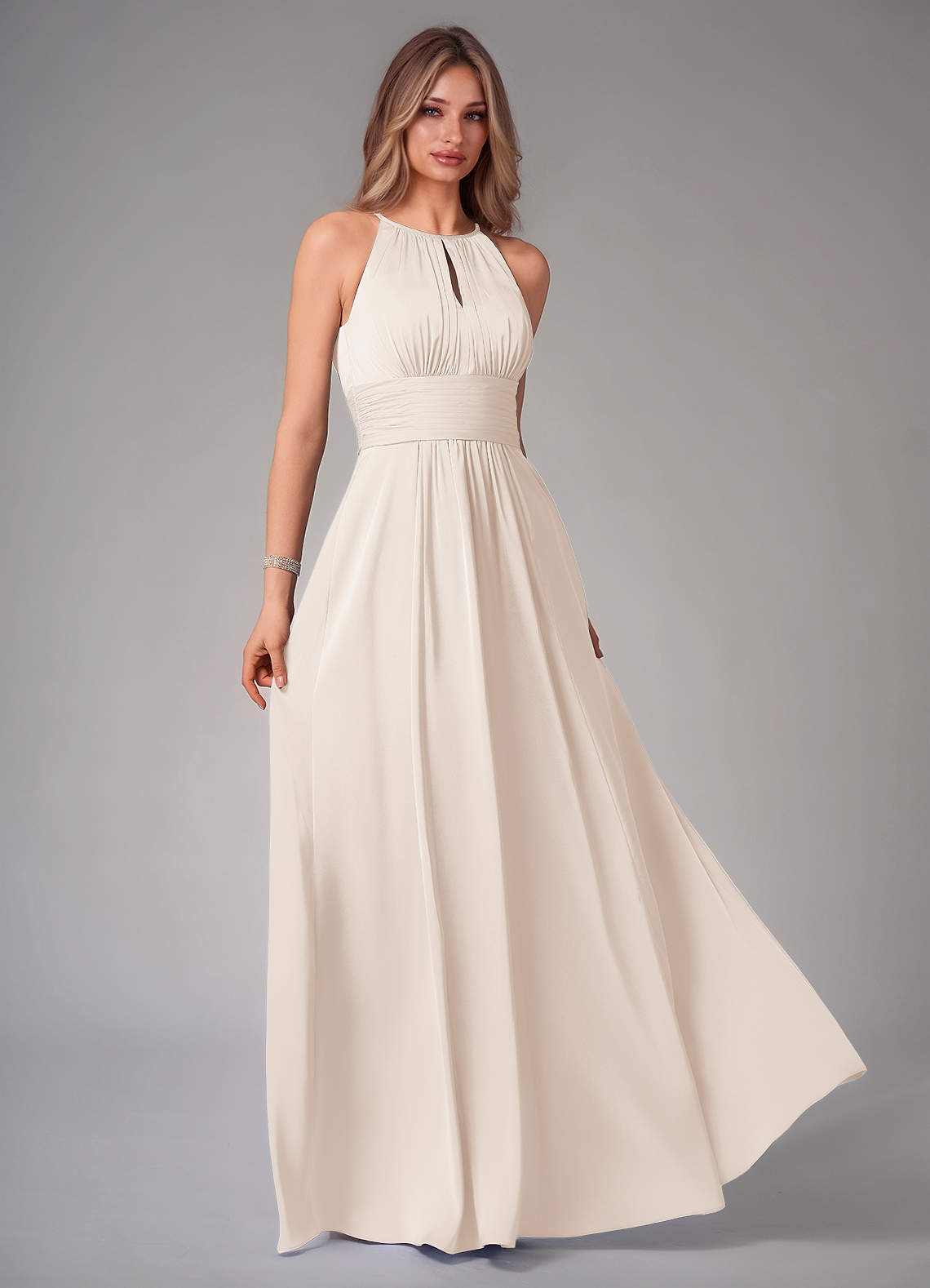 Azazie Bonnie Bridesmaid Dresses White Alabaster A-Line Pleated Stretch Satin Dress image1