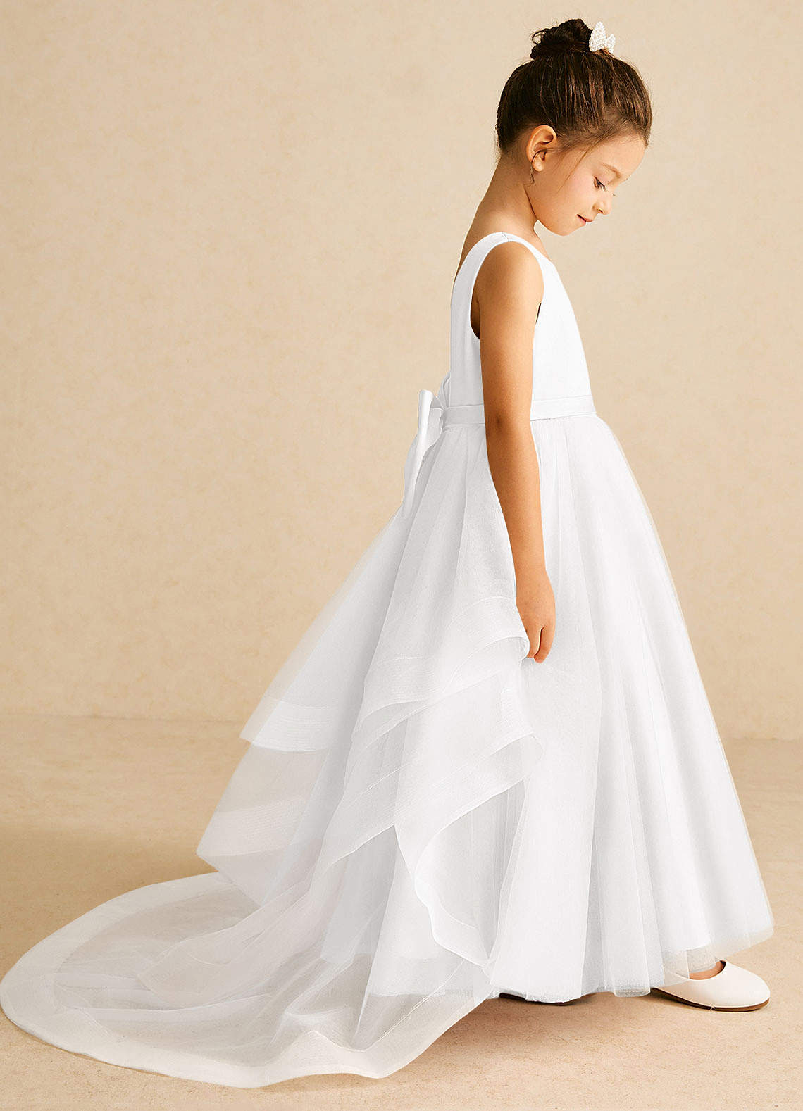 Azazie Pumpkin Vestidos de florista Vestido Branco de Tule de Linha A com Conversível image2