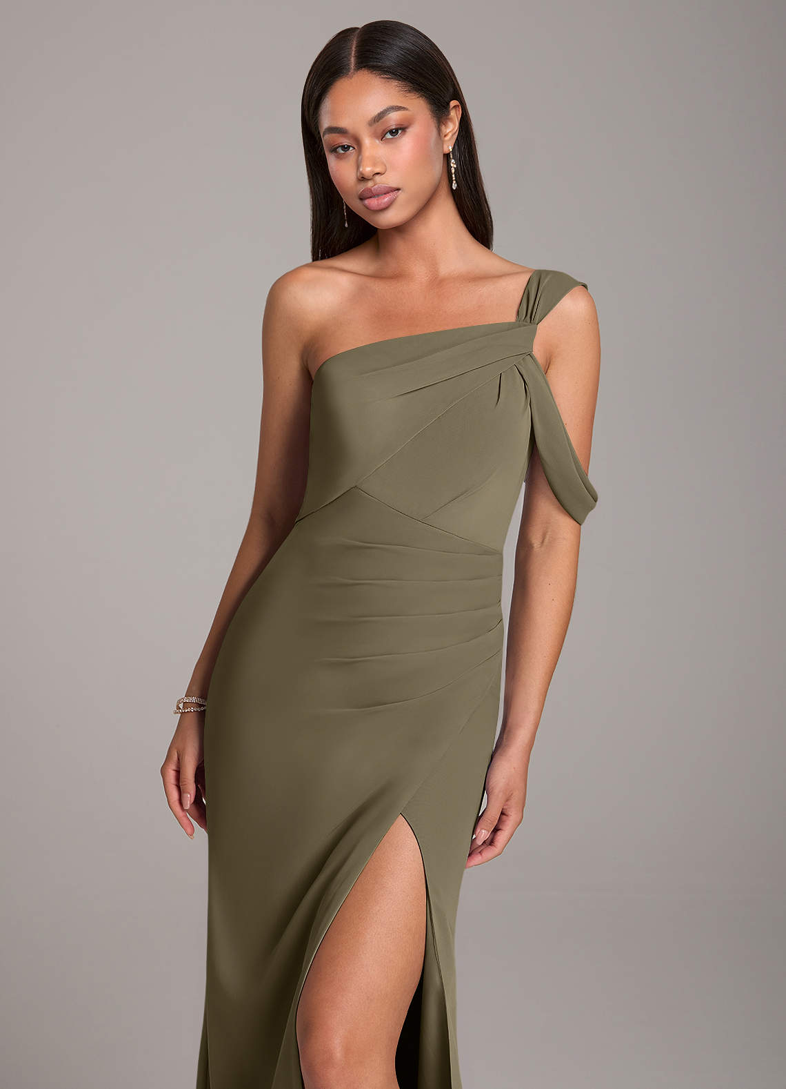 one shoulder chiffon asymmetric dress One-Shoulder Chiffon Bridesmaid Dress with Cascade