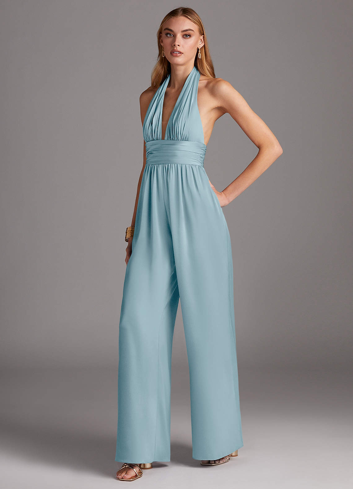 Azazie Oli Bridesmaid Dresses Moody Blue Pleated Stretch Satin Jumpsuit image1
