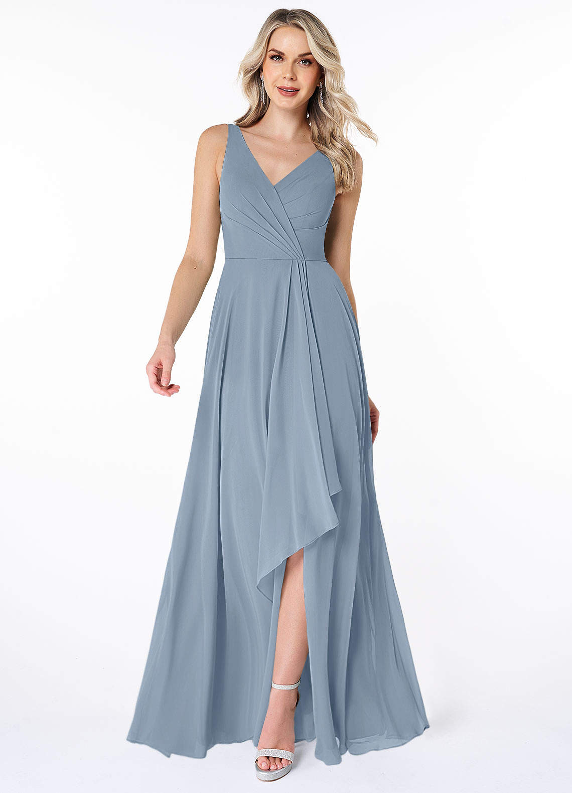 Azazie Calvi Bridesmaid Dresses Dusty Blue A-Line Ruched Chiffon Dress image1