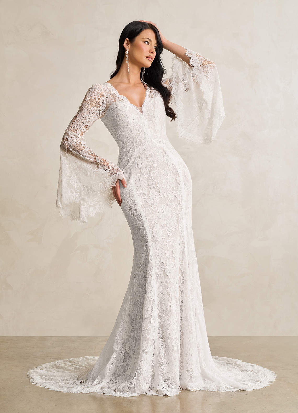 knee length dresses for ladies Tina Holly TW121W Long 3D Lace Mermaid Detachable Sleeves Wedding Dress