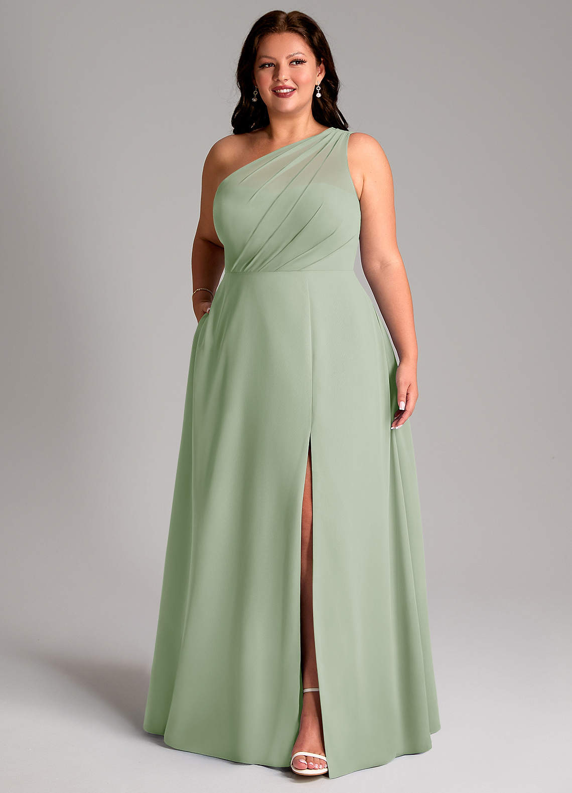 Azazie Phaedra Vestidos de madrinha de casamento Vestido Dusty Sage de Chiffon de Linha A com Um ombro image11
