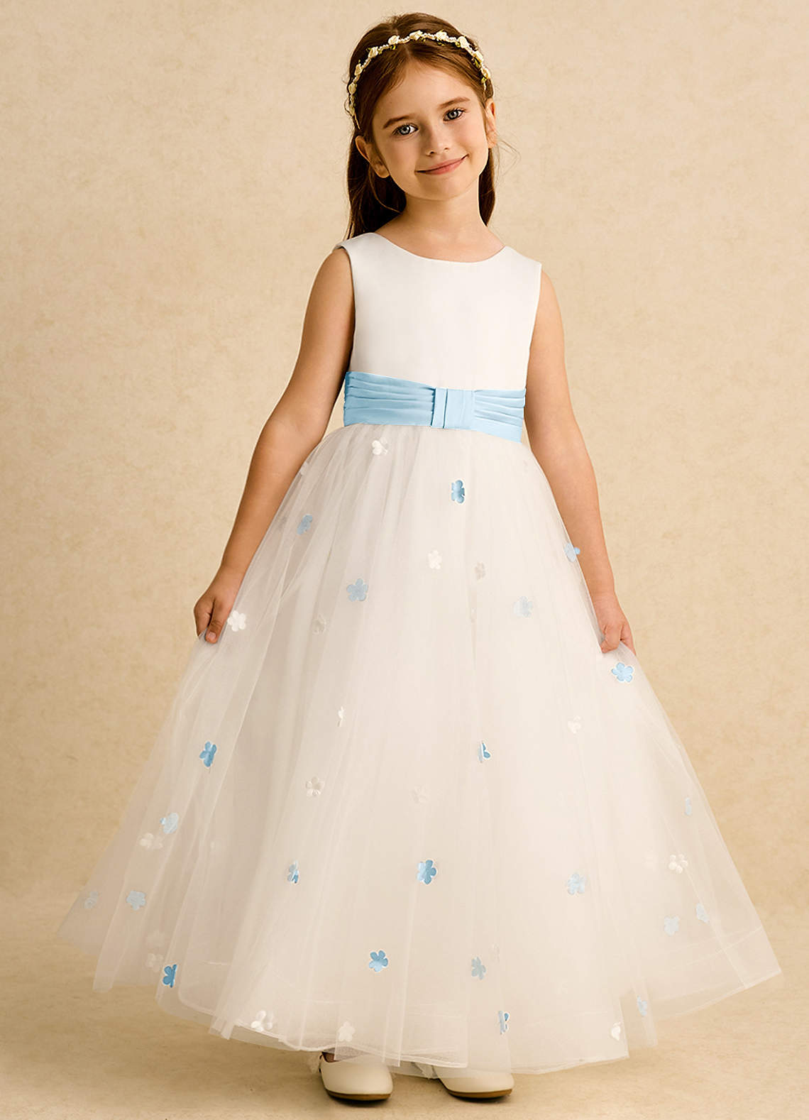 Azazie Cricket vestidos de niña de las flores Vestido de Marfil Azul Cielo de Satin Mate de Princesa con Plisado image1