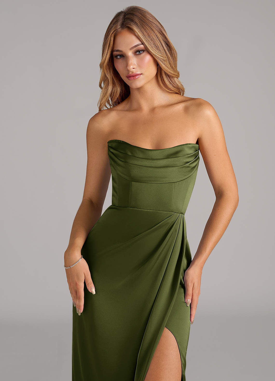 Azazie Johana Bridesmaid Dresses Olive Mermaid Off the Shoulder Stretch Satin Convertible Dress image1