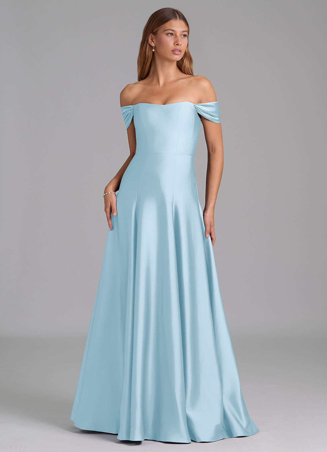 Azazie Seriana Bridesmaid Dresses Sky Blue A-Line Off the Shoulder Stretch Satin Convertible Dress image1
