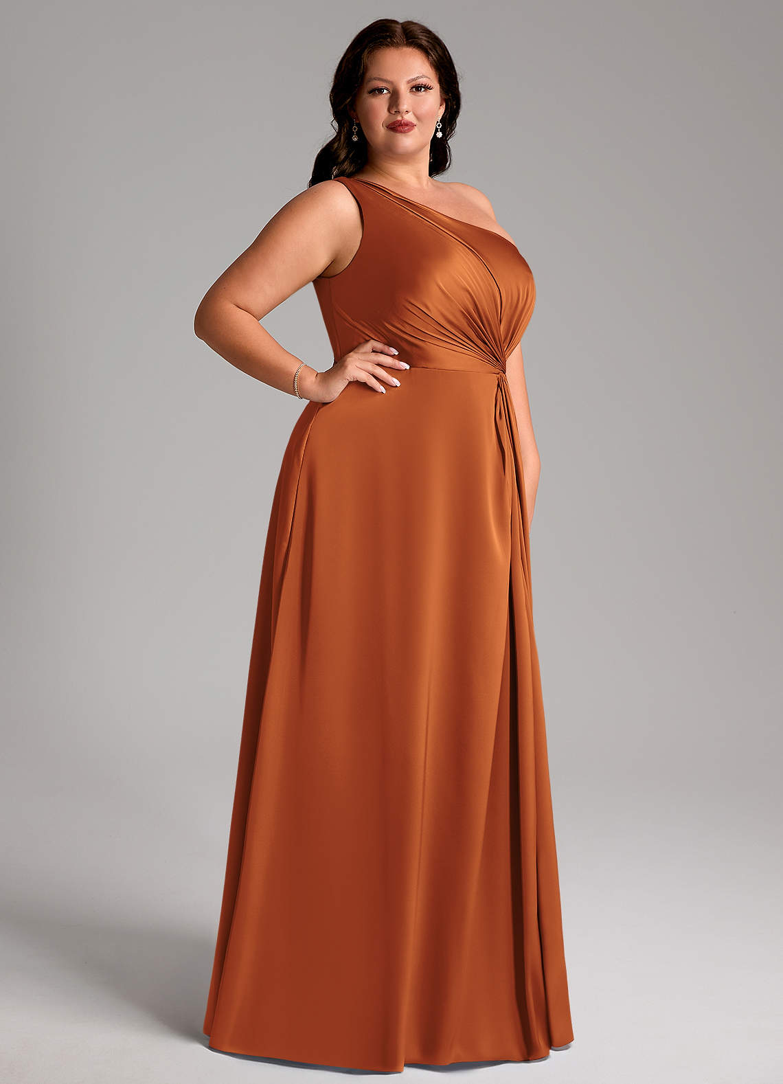 Azazie Brooke Bridesmaid Dresses Cinnamon A-Line One Shoulder Stretch Satin Dress image9