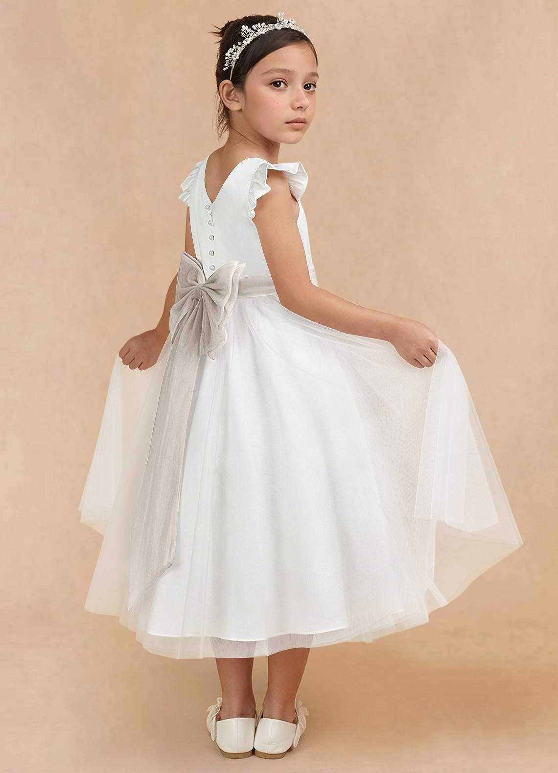 Azazie Hemi Flower Girl Klänningar Klänning A-Linje i Tyll Rosett image1