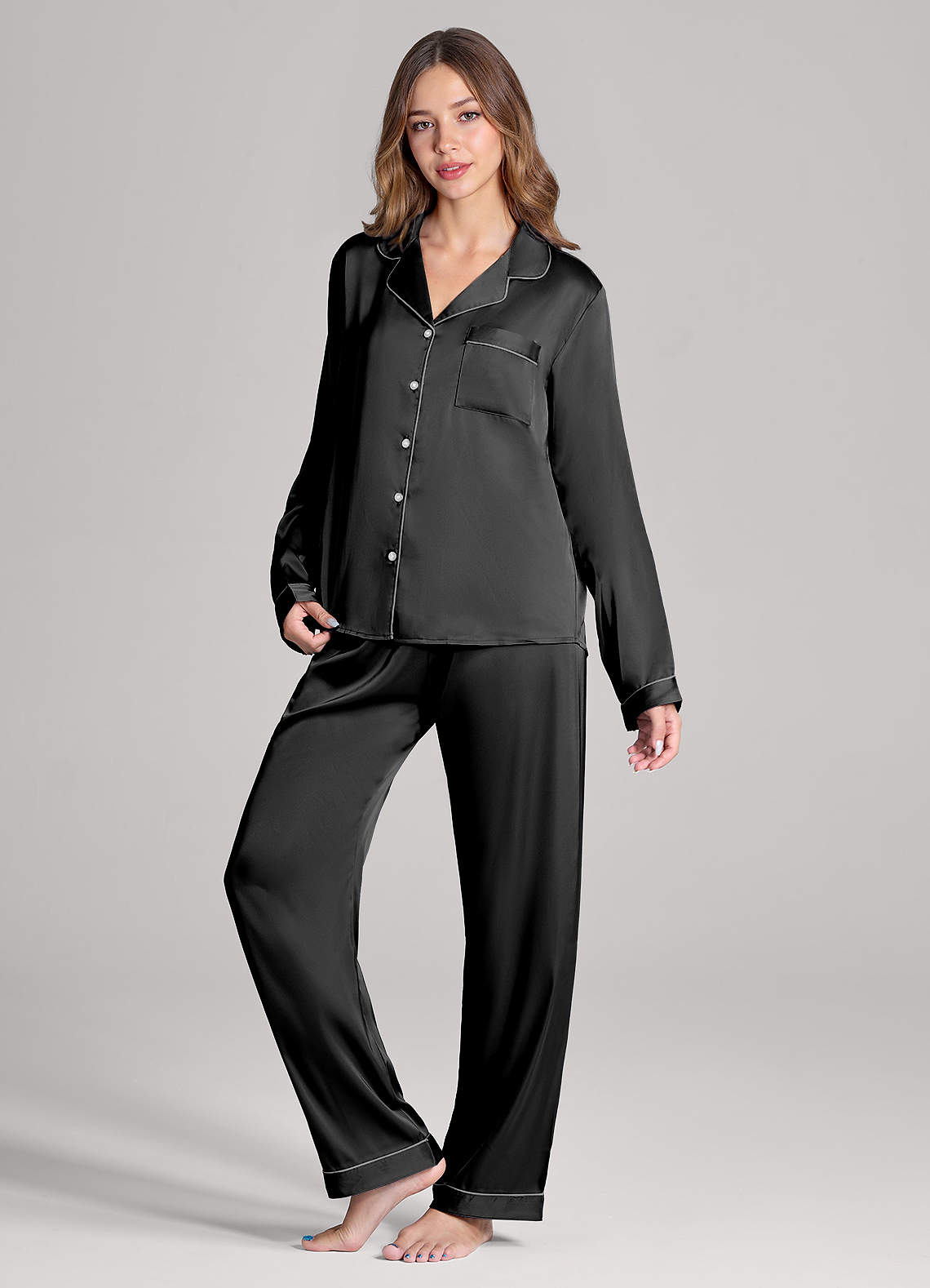 front Matching Color Long Sleeves and Pants Satin PJ Set