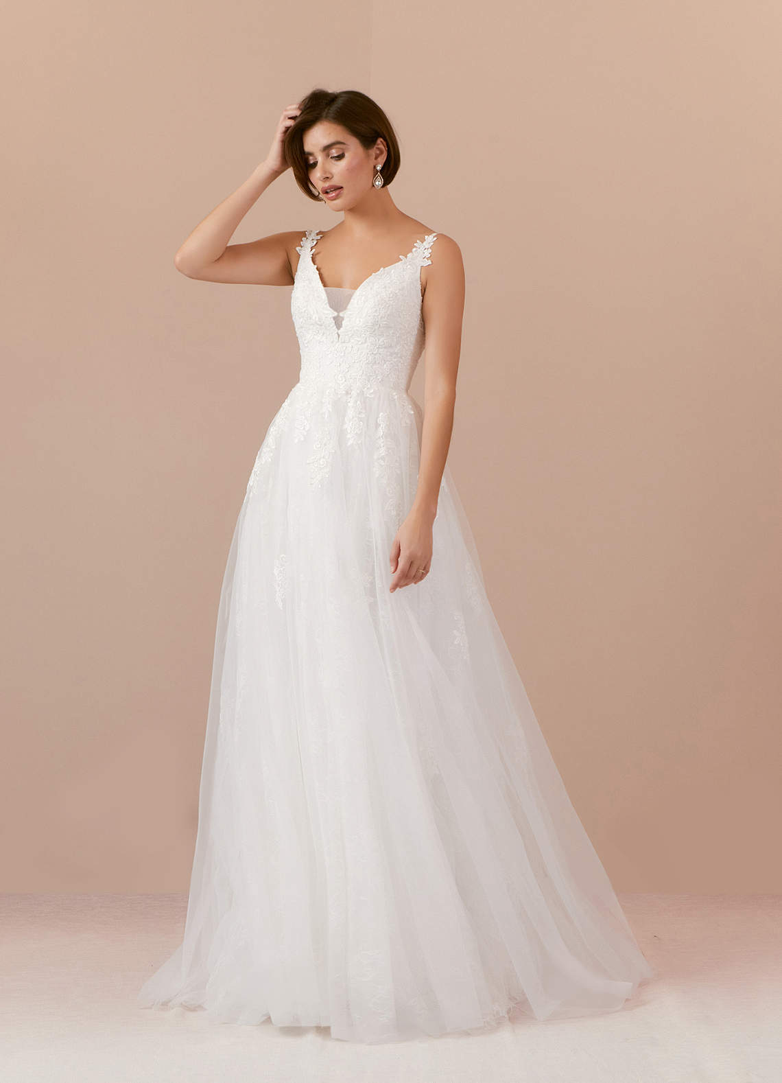 Azazie Jolene Wedding Dresses A-Line Lace Tulle Cathedral Train Dress image1
