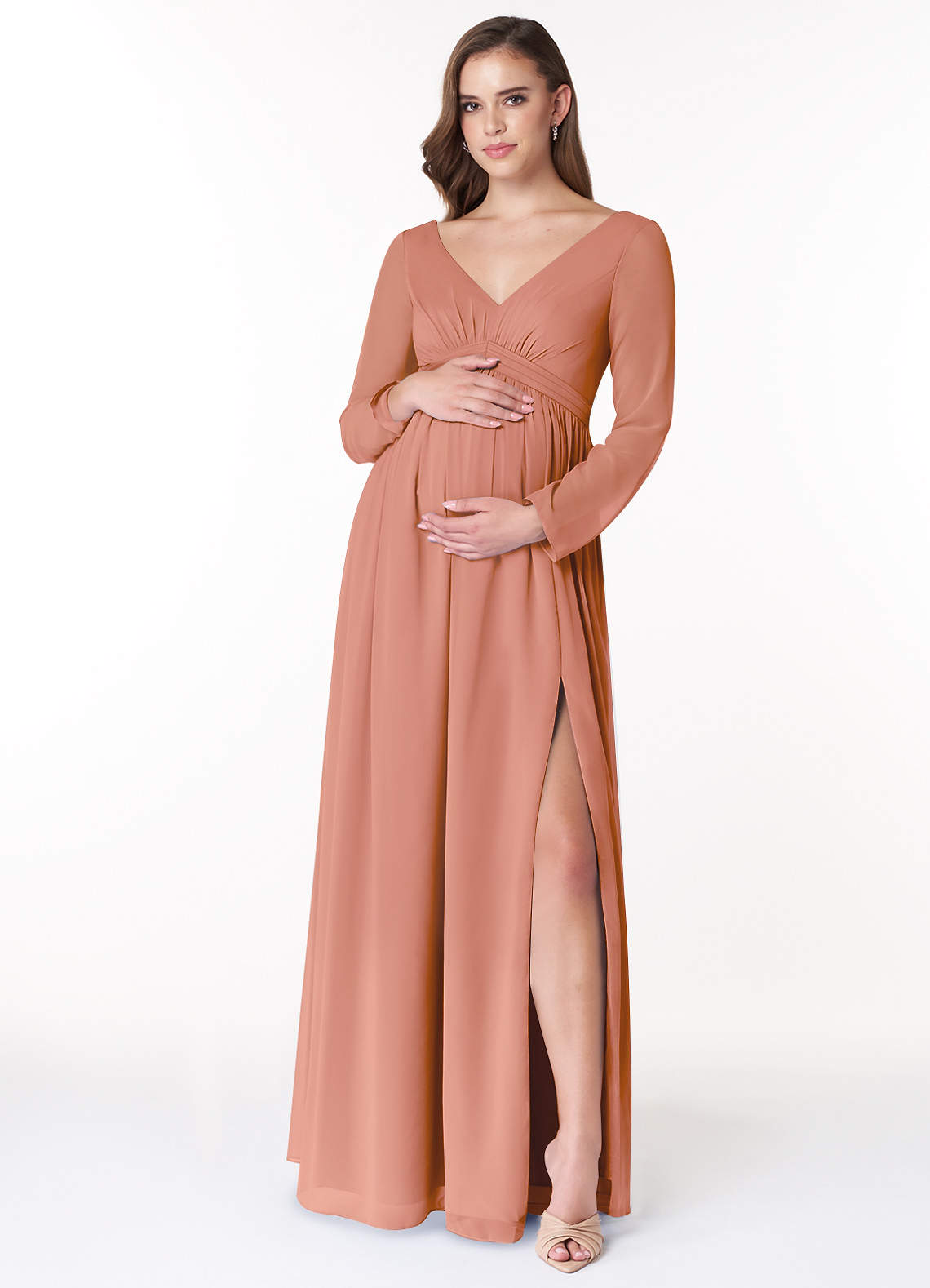 Azazie Teton Maternity Bridesmaid Dresses A-Line Long Sleeve Chiffon Floor-Length Dress image1