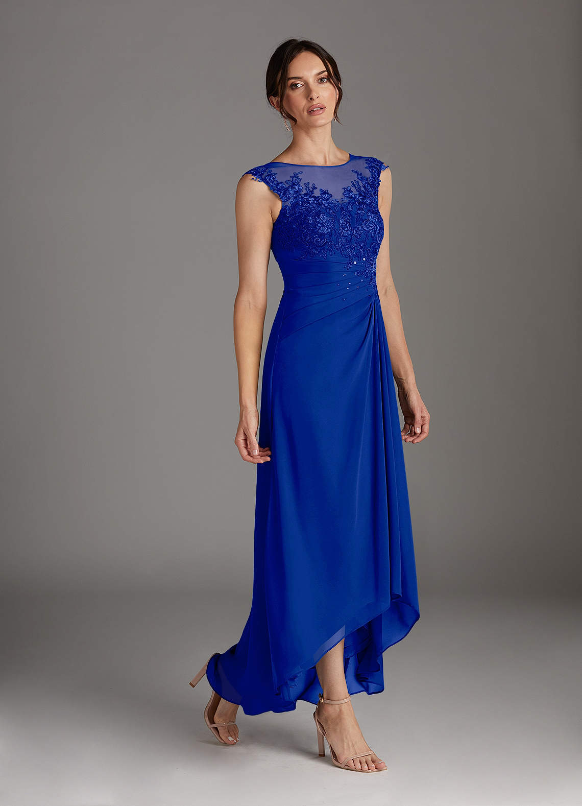 Scoop Blue Lace Chiffon Short Bridesmaid sold Dress with Back Buttons