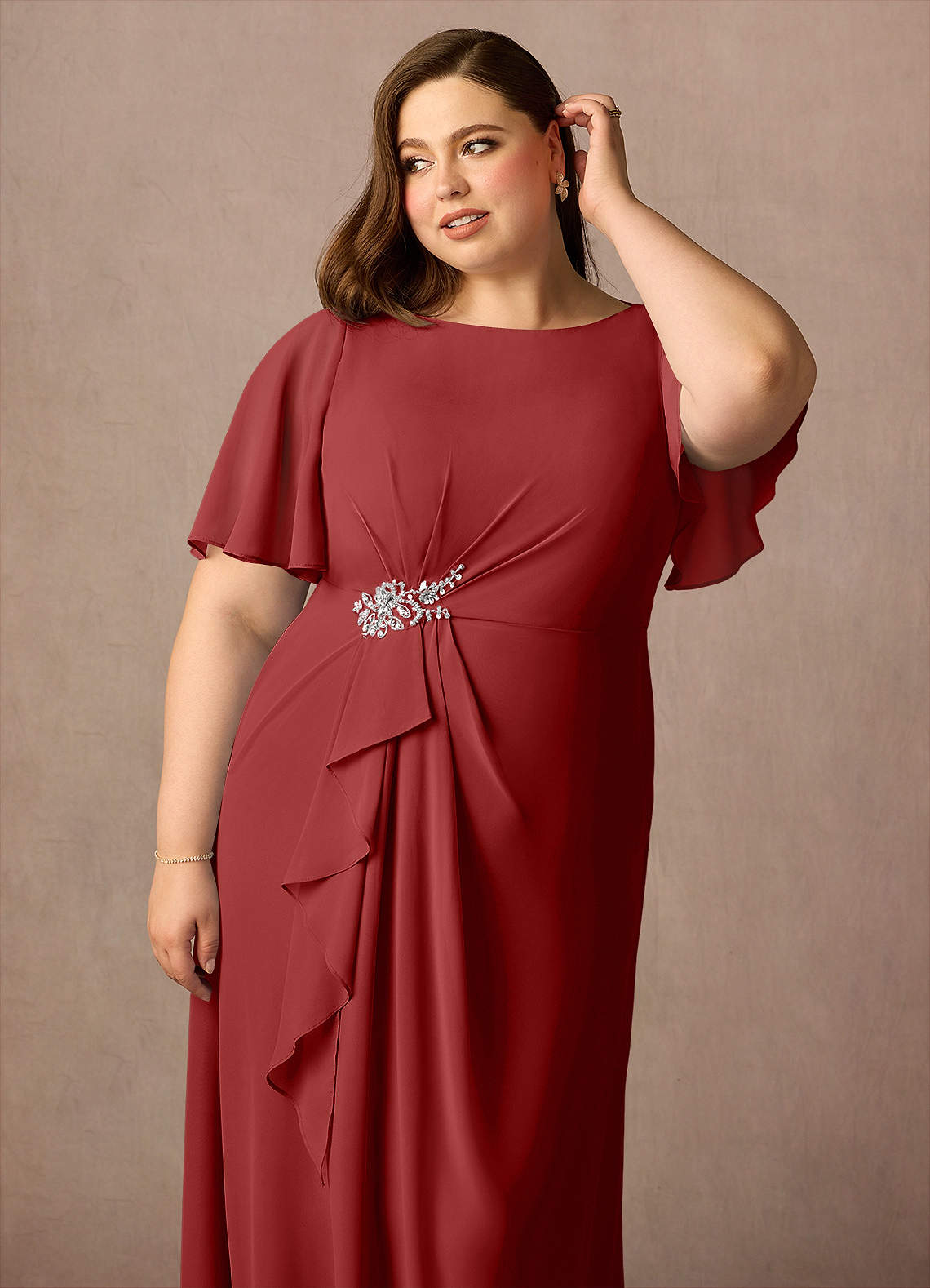 Azazie Plus Size Sheath Scoop Neck Floor-Length Chiffon Mother of the Bride or Groom Dresses - Rust