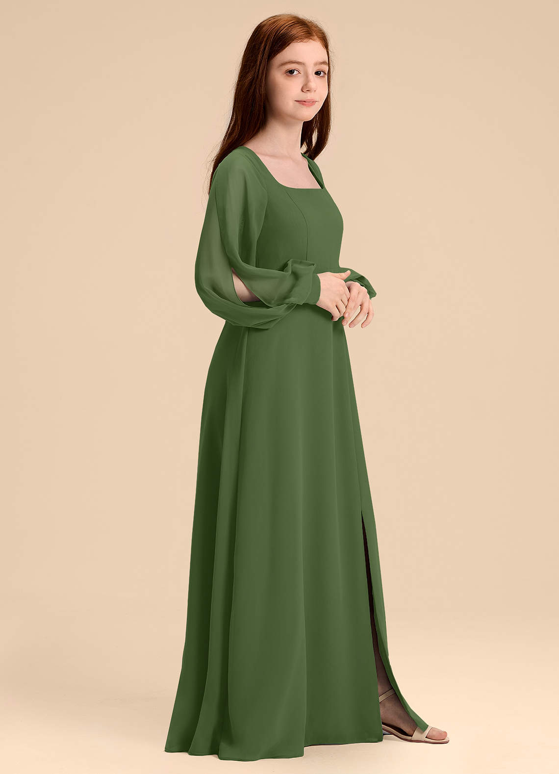 Azazie Bondi Junior Olive A-Line Blouson Chiffon Dress image1