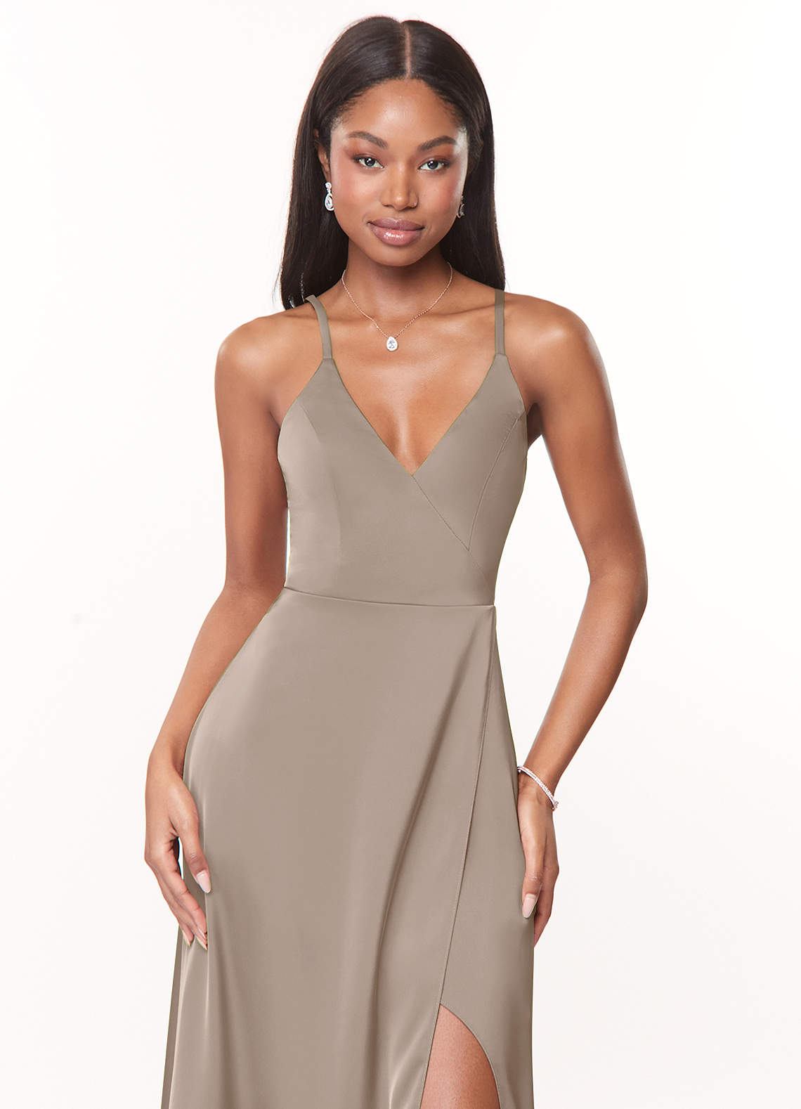 low cut bridesmaid dress Azazie A-Line V-Neck Floor-Length Stretch Satin Dresses Size:4XL | 16 US | 20 AUS/UK The Ladivine 7449 bridesmaid BODYCON Elegant Dusty Blue Silk