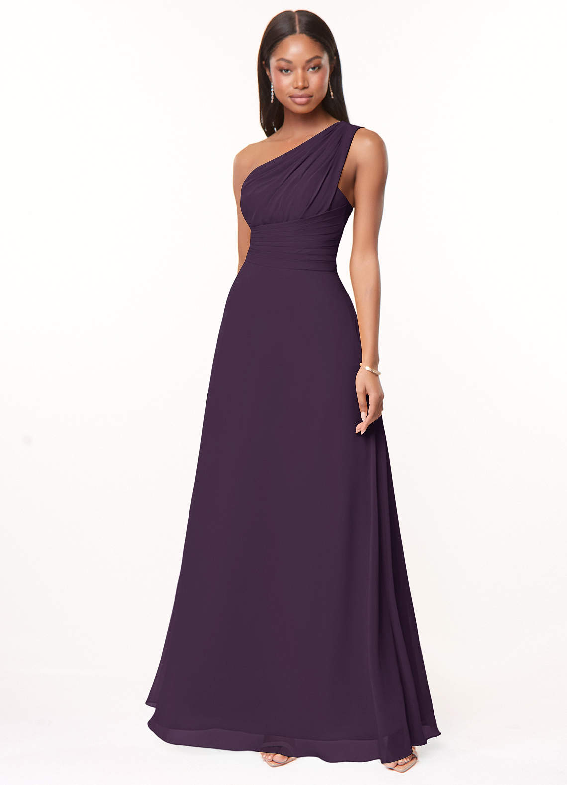 Azazie Ashley Bridesmaid Dresses Plum A-Line Ruched Chiffon Dress image1