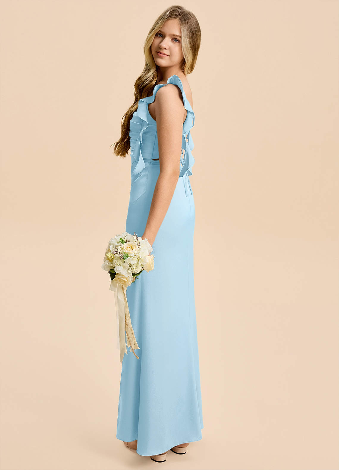 Azazie Jessamine Junior Sky Blue Sheath Ruched Stretch Satin Dress image2