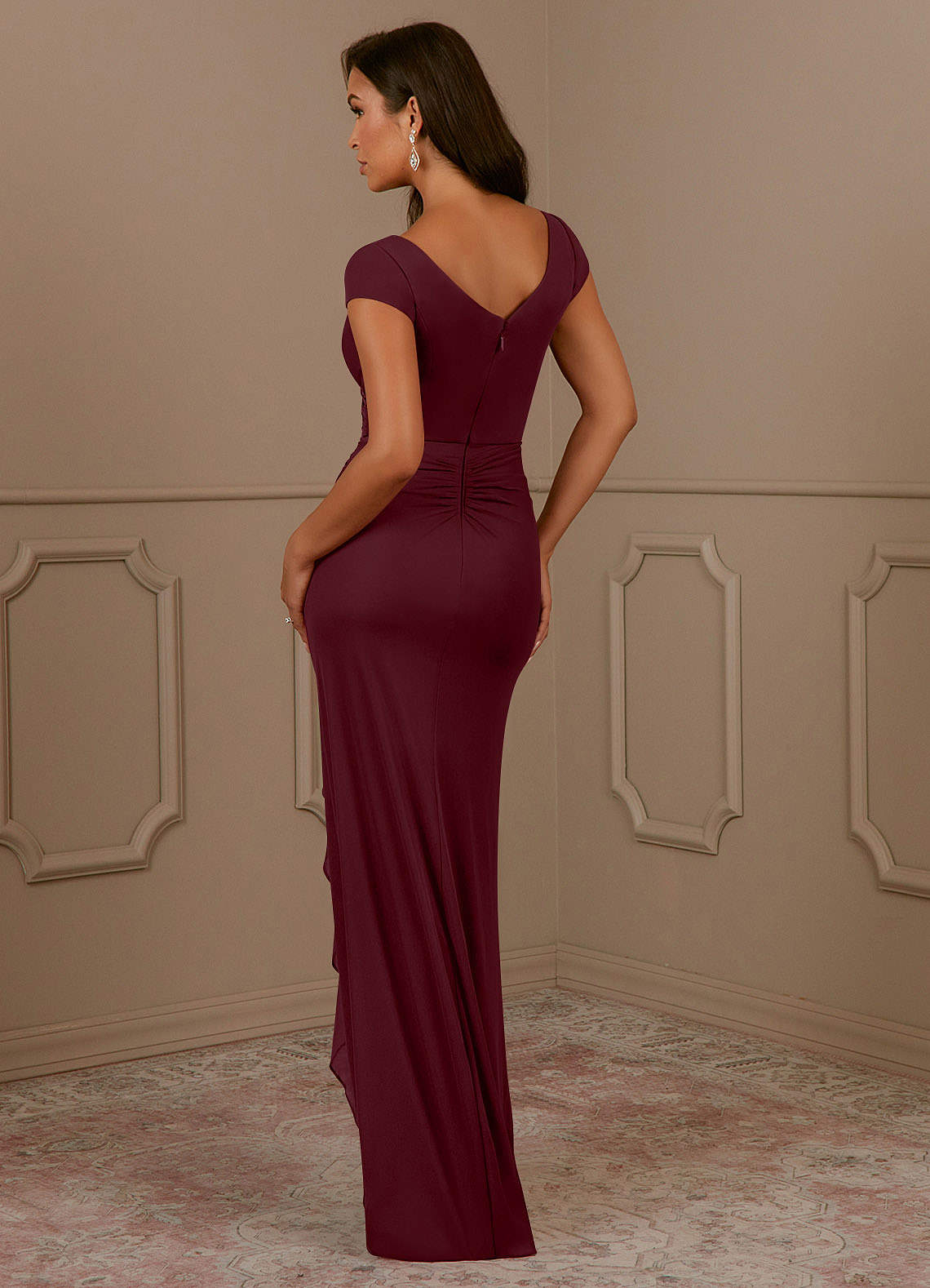 Azazie Roya vestidos de madre de la novia Vestido de Cabernet de Malla de Sirena con Cuello en V plisado image2