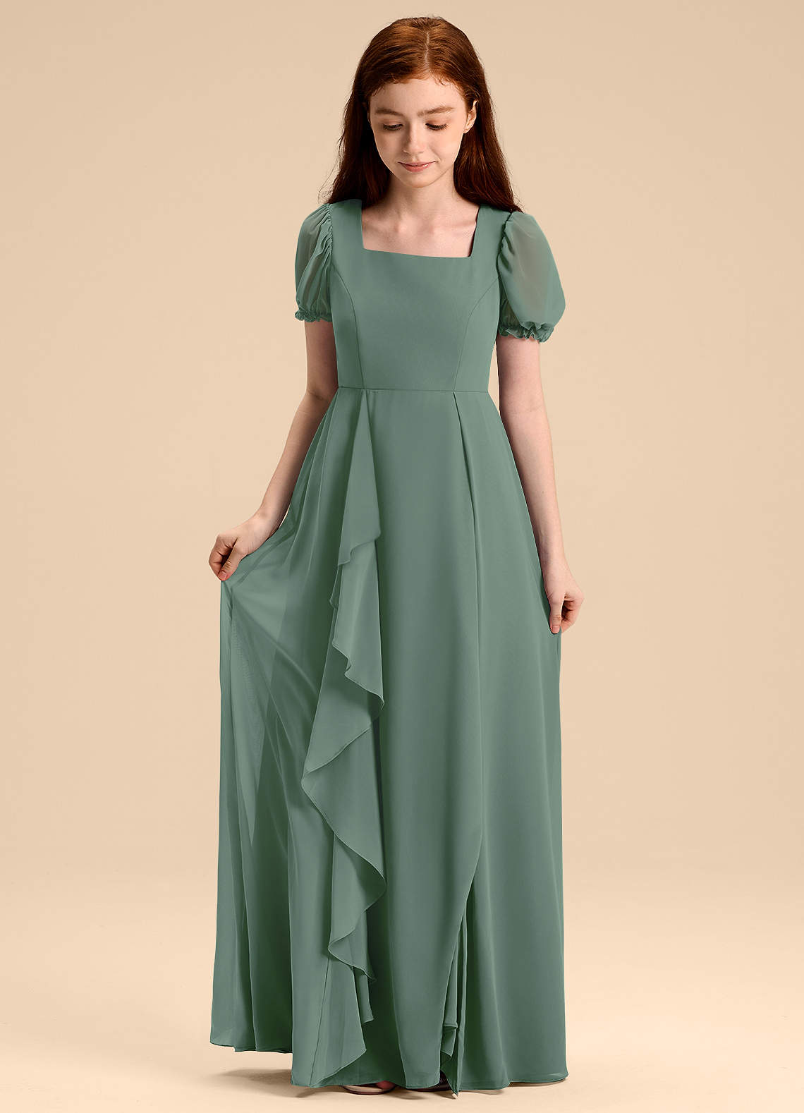 Azazie Priya Junior Robe Trapèze en Mousseline de soie Blouson Eucalyptus image4