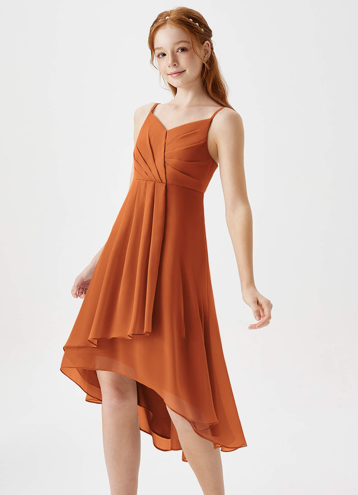 Azazie Mariam Junior Cinnamon A-Line Pleated Chiffon Dress image1