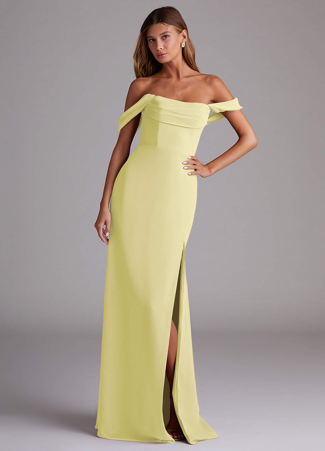 Azazie Saige Bridesmaid Dresses Lemon Sorbet A-Line Off the Shoulder Chiffon Convertible Dress image3