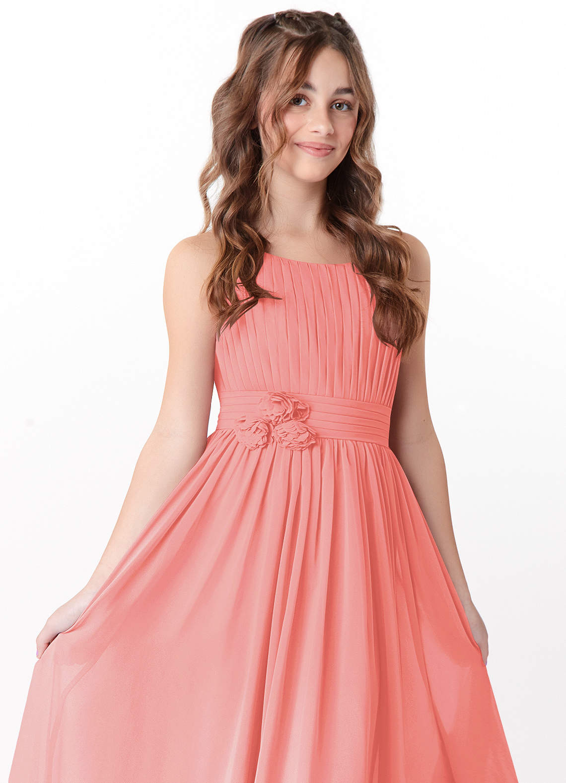 Azazie Astrid Junior Vestido Coral de Chiffon de Linha A com Floral image1