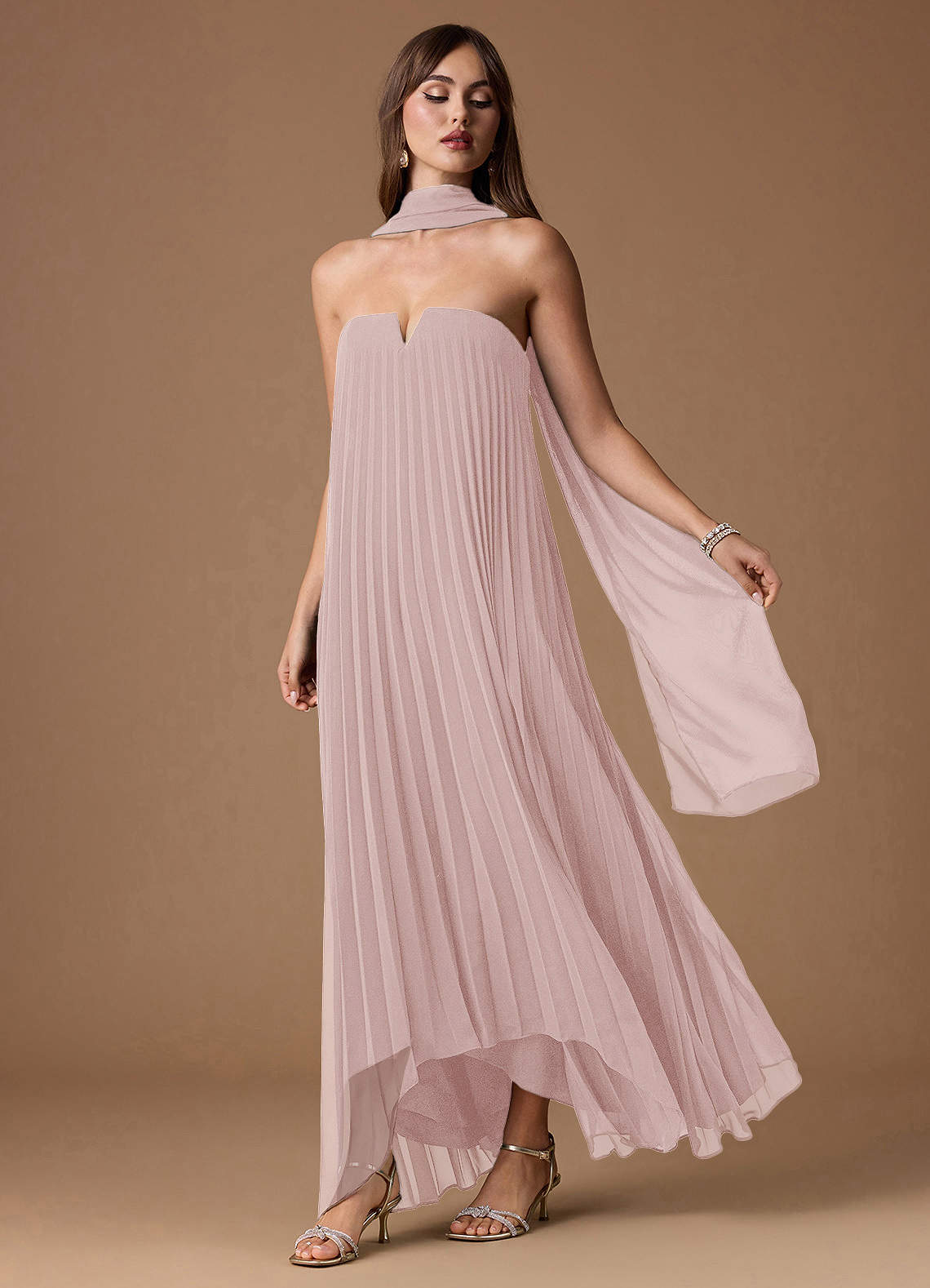 strapless open back dress BEIGE PLEATED MAXI DRESS | CULT MIA main image 0