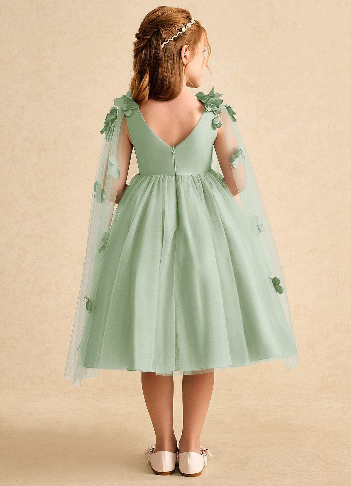 Azazie Staria Flower Girl Dresses Dusty Sage Ball-Gown Ruched Tulle Dress image1