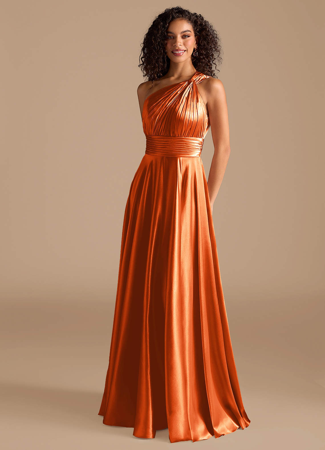 Azazie Charlize Bridesmaid Dresses Burnt Orange A-Line One Shoulder Metallic Satin Dress image1
