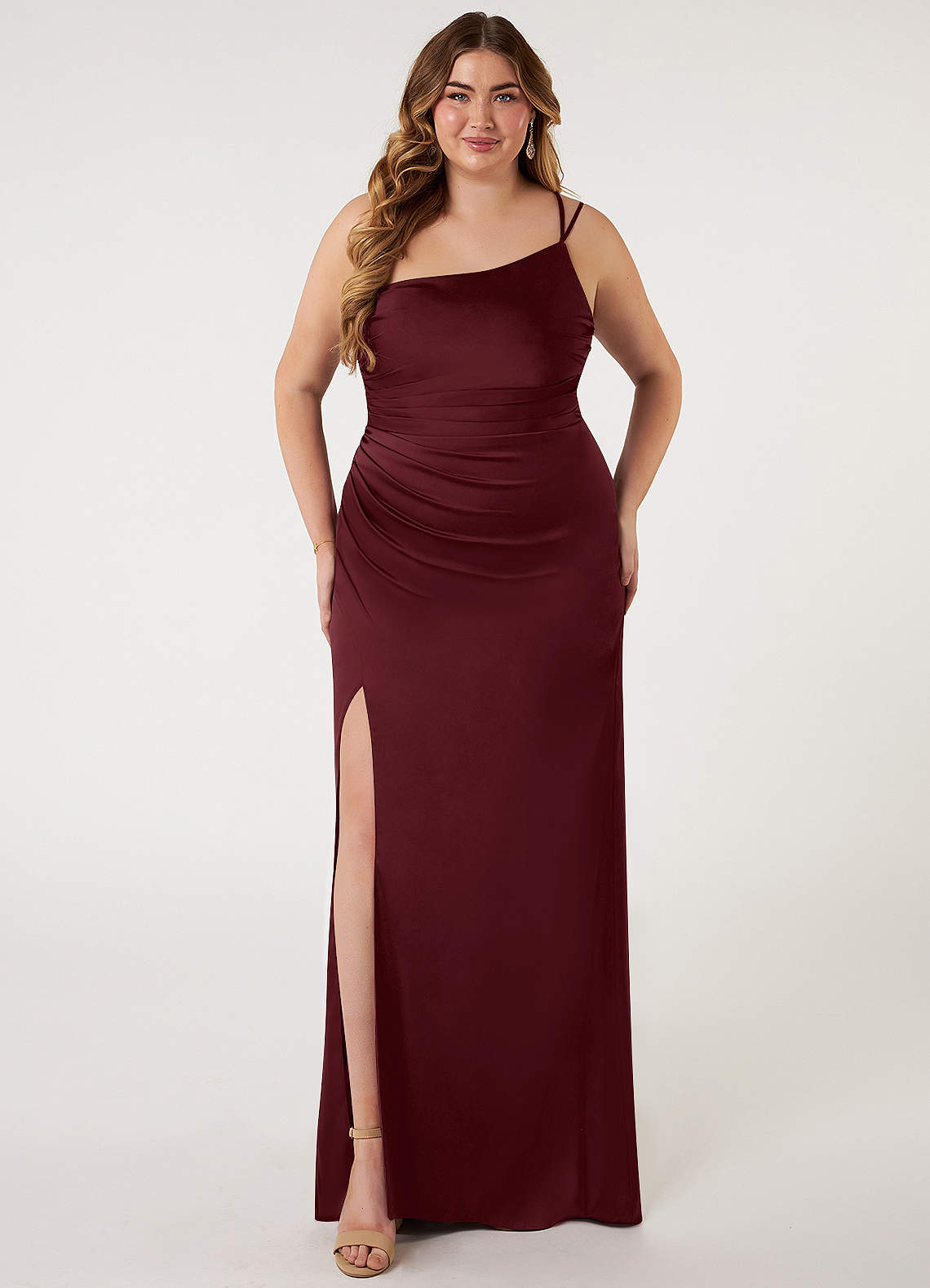 Azazie Eren Bridesmaid Dresses Cabernet Mermaid One Shoulder Stretch Satin Dress image1