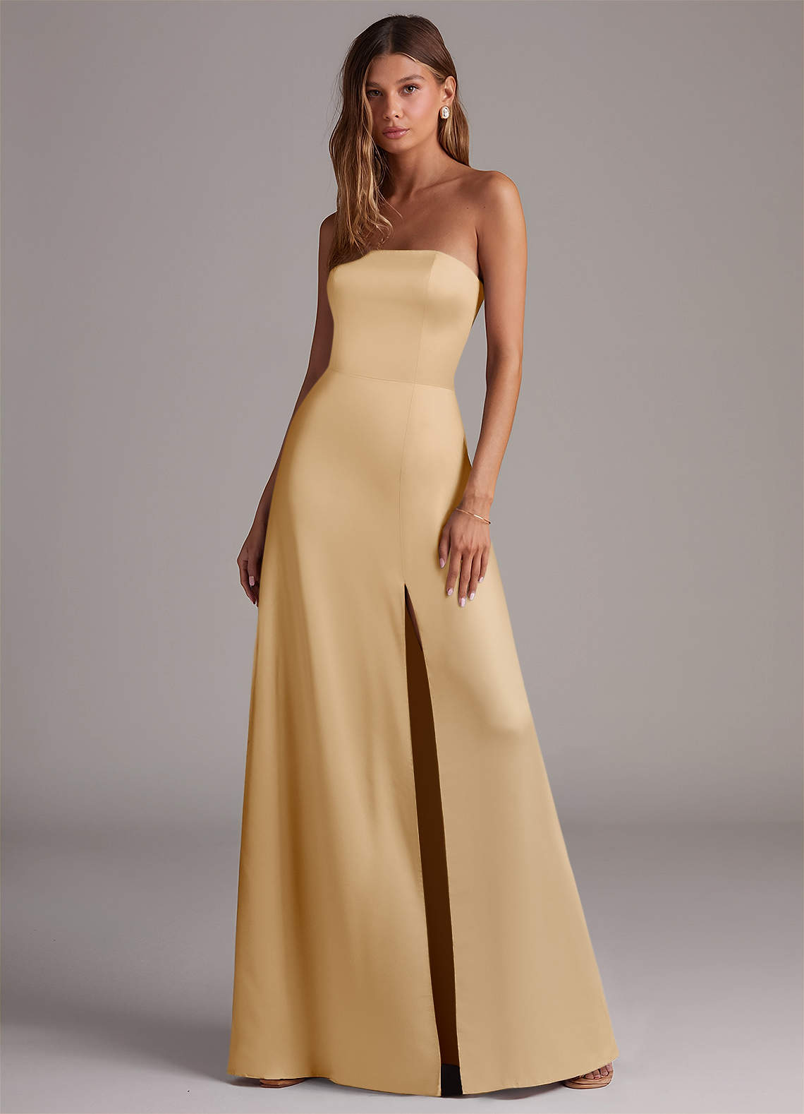 Azazie Wren Bridesmaid Dresses Gold A-Line Strapless Stretch Satin Convertible Dress image1