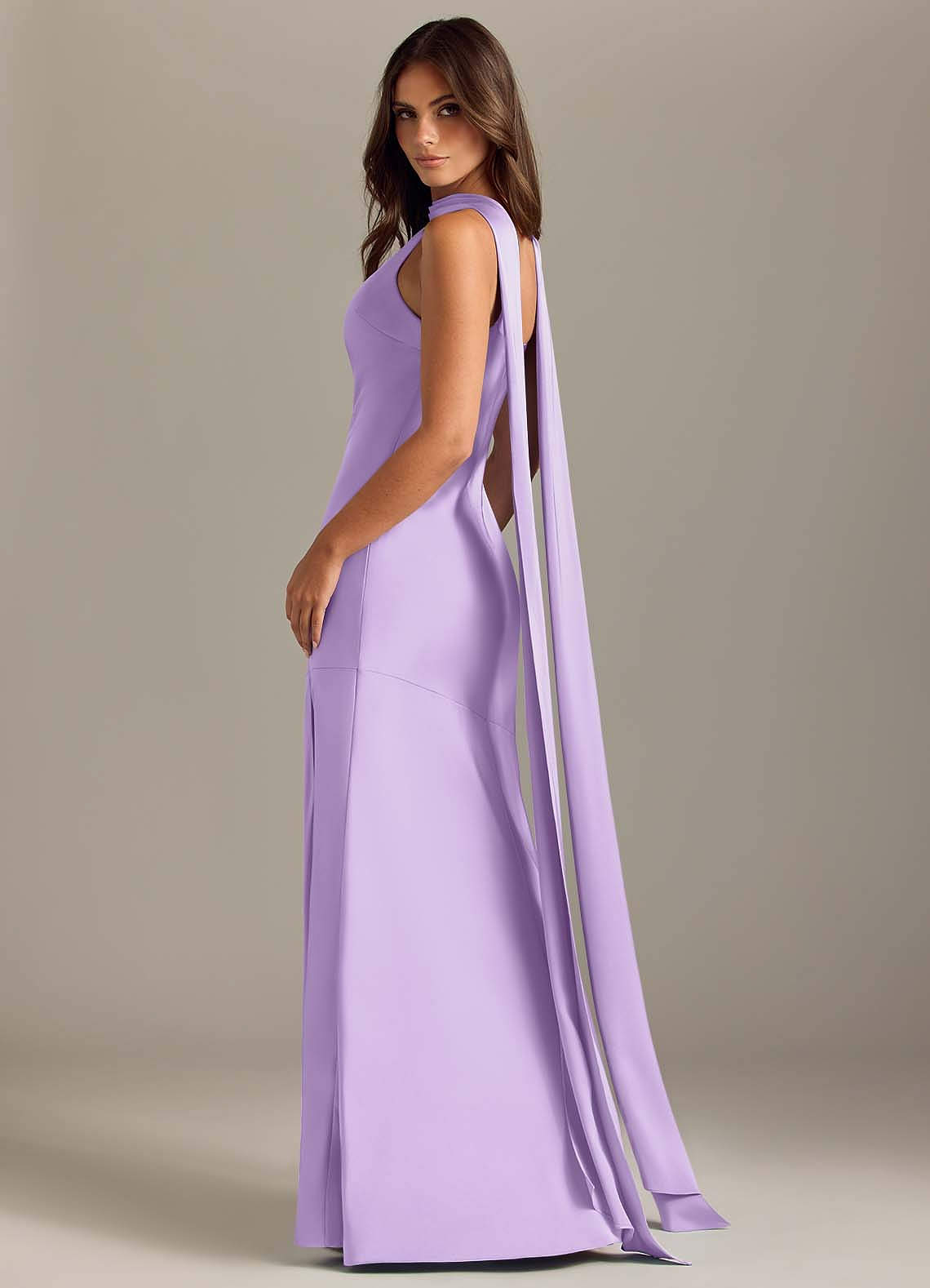 Azazie Kinsley Vestidos de madrinha de casamento Vestido Lilás de Cetim elástico de sereia com Fenda Lateral image5