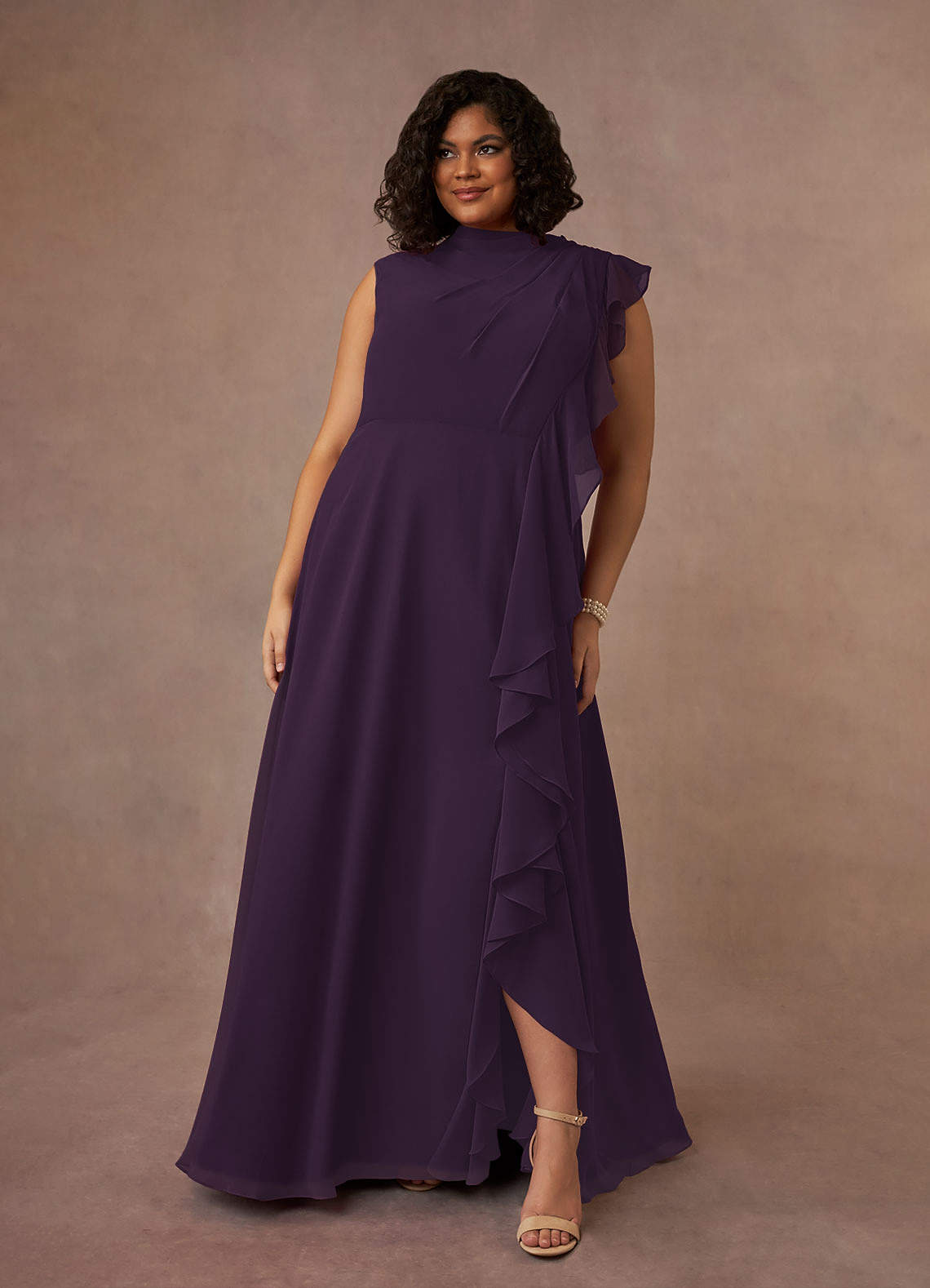 Azazie Narine Abiti per la Madre della Sposa Abito A-Line in Chiffon con Scollo Alto a Pieghe Prugna image1