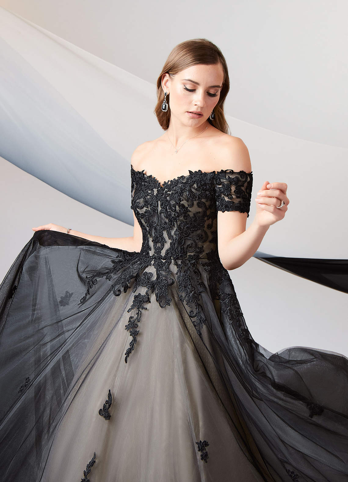 Off shoulder black ball gown best sale