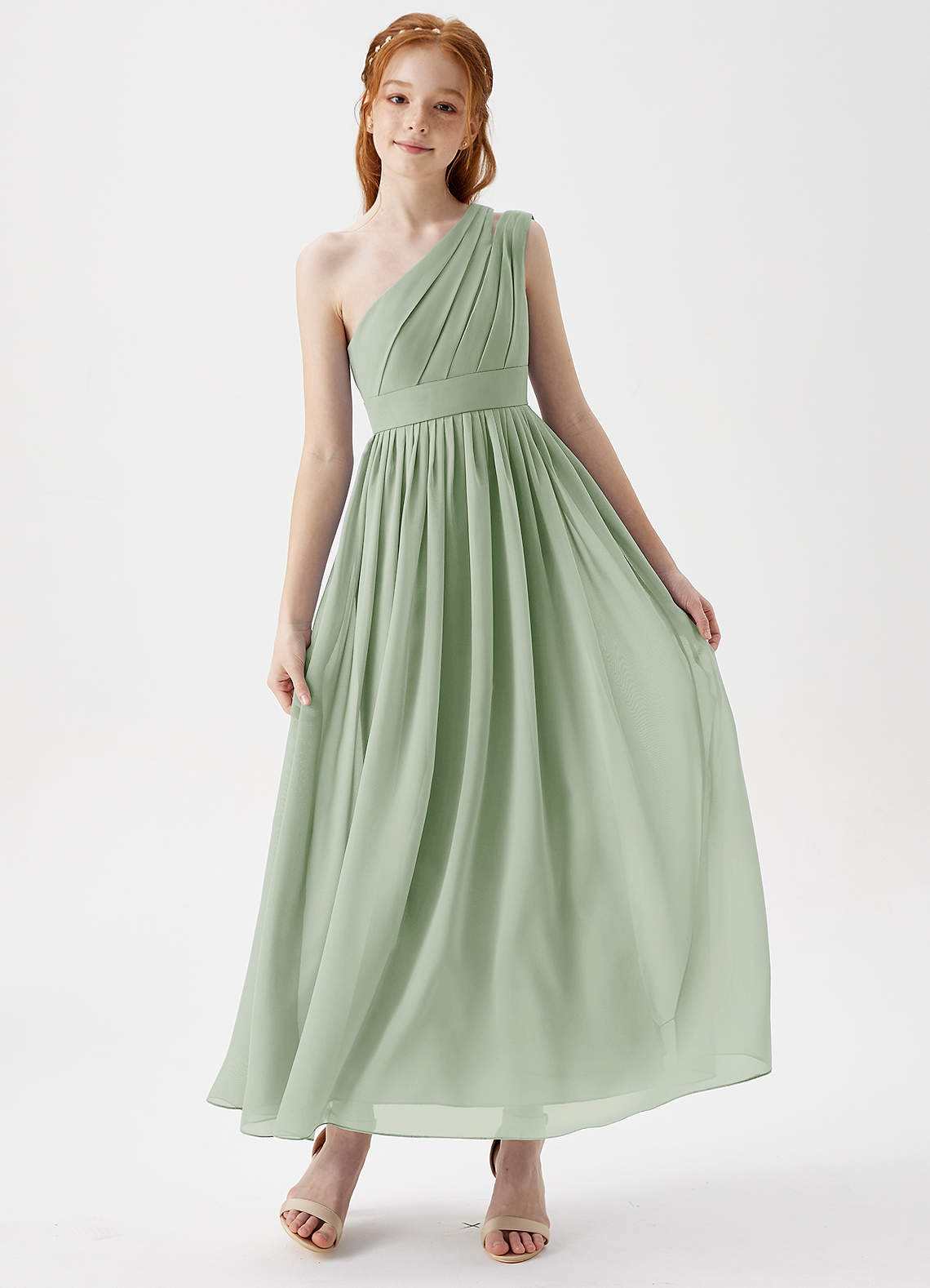 Azazie Anissa Junior Dusty Sage A-Line Pleated Chiffon Dress image1