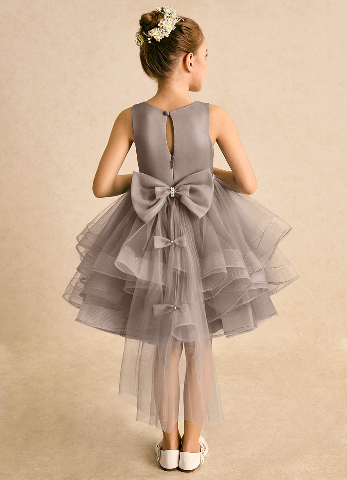 Azazie Tinie Blumenmädchenkleider Ballkleid Schleifen Tüll Kleid Taupe image1