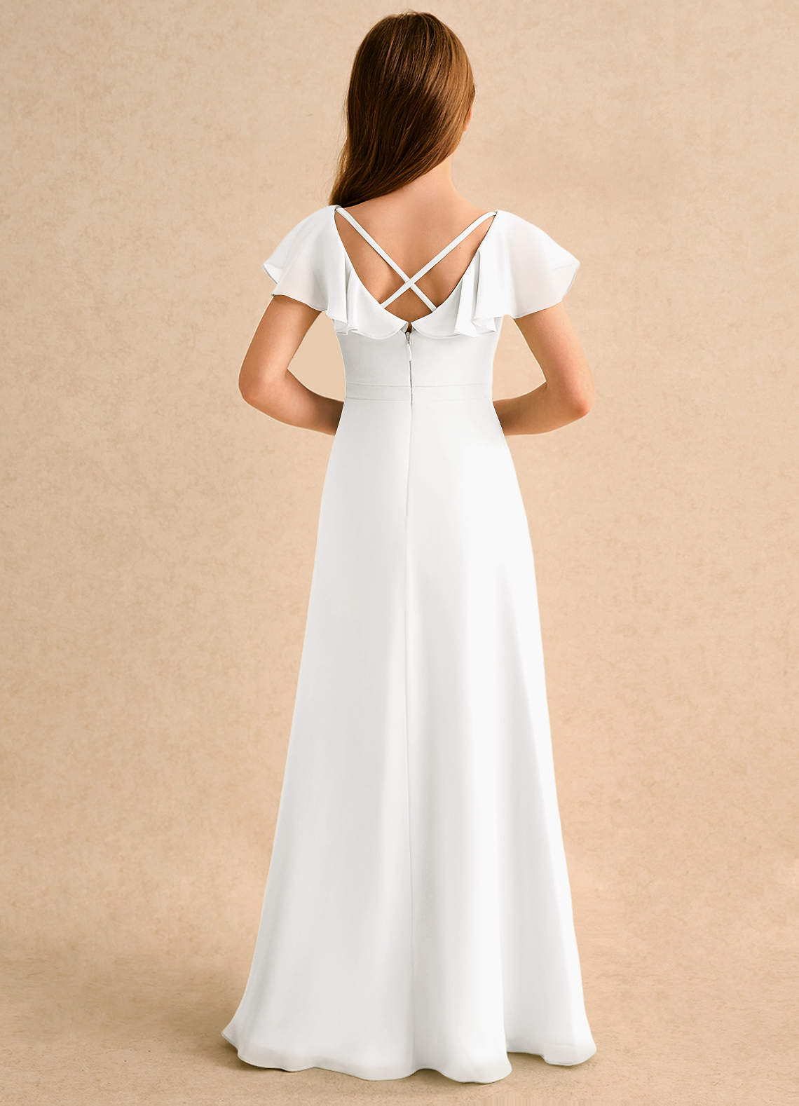 Azazie Nari Girls Formal Blumenmädchenkleider A-Linie mit ärmel Chiffon Kleid Elfenbein image1