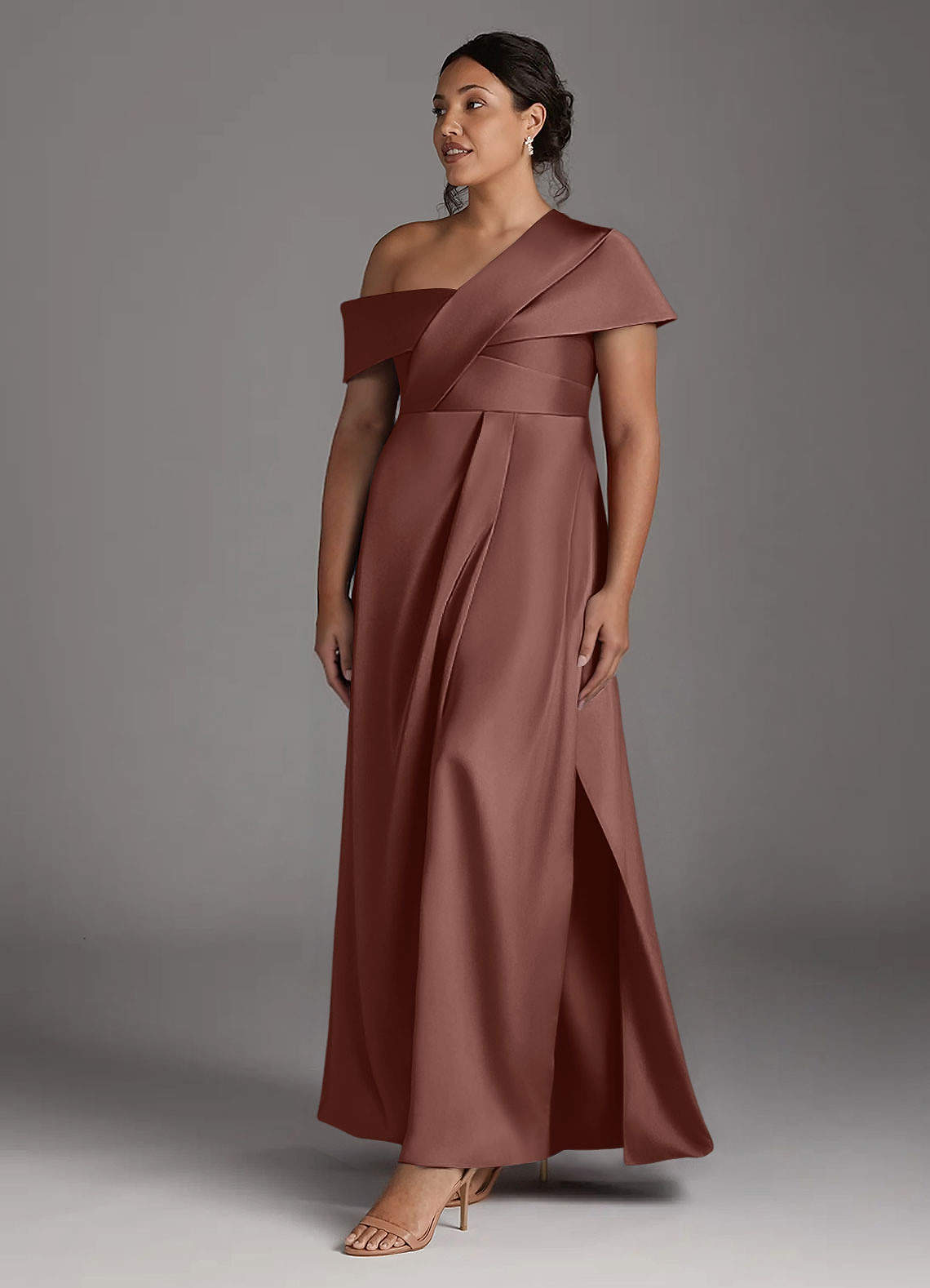 Azazie Milton Mother of the Bride Dresses Espresso A-Line Pleated Stretch Satin Dress image10