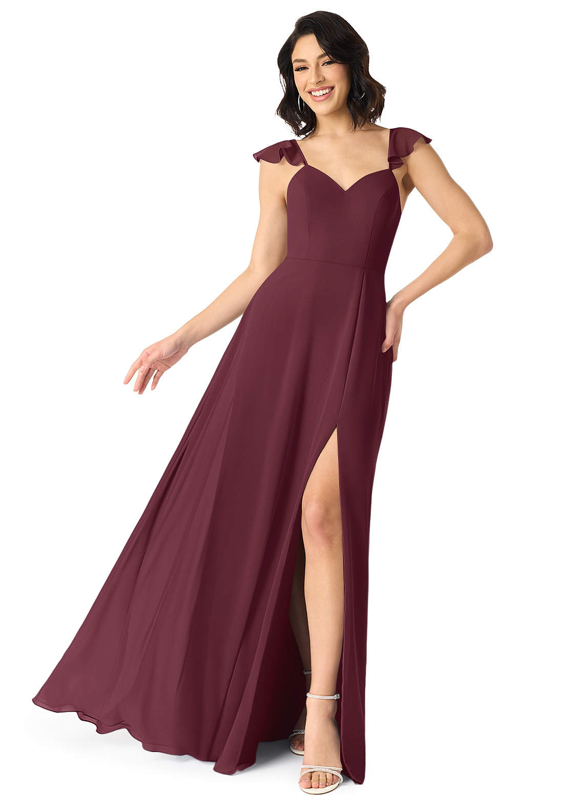 Azazie Everett Vestidos de damas de honor Vestido de Cabernet de Gasa de Corte en A con Cuello en V fruncido image1