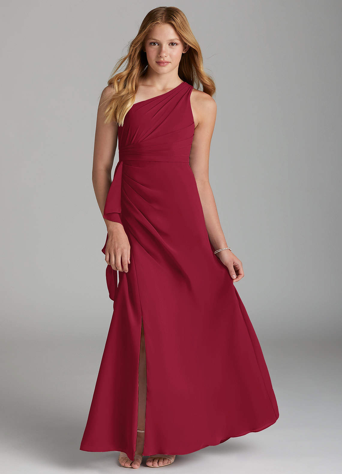 Azazie Maive Junior Burgundy A-Line Pleated Chiffon Dress image1