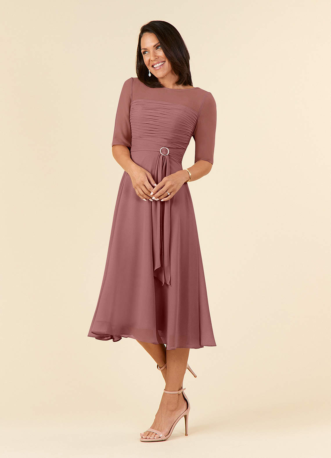 Azazie Naomi Desert Rose A-Line Boatneck Pleated Chiffon Dress