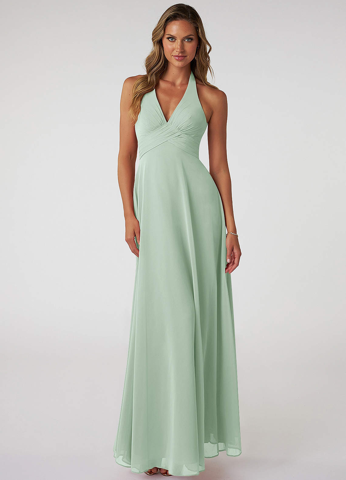 Azazie Tessie Bridesmaid Dresses Agave A-Line V-Neck Pleated Chiffon Dress image1