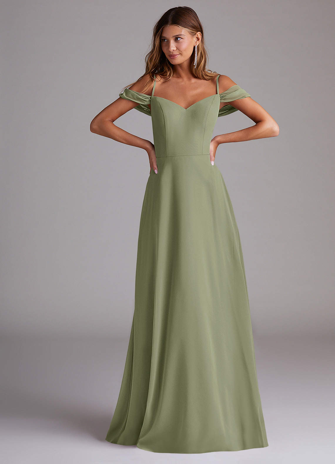 Azazie Marley Vestidos de madrinha de casamento Vestido Pistache de Chiffon de Linha A com Fora do ombro image3